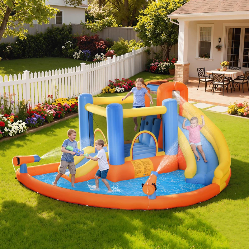 AIYAPLAY 5 in 1 Bouncy Castle for Children, Inflatable Bounce House with Dual Slides, Pool, Climbing Wall, Water Cannons, Blower