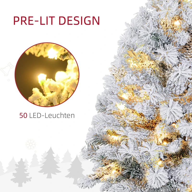 HOMCOM Kerstboom 90 cm, LED-Verlichting, Sneeuwtakken, Dennenappels, Vlamvertragend, Betonnen Voet