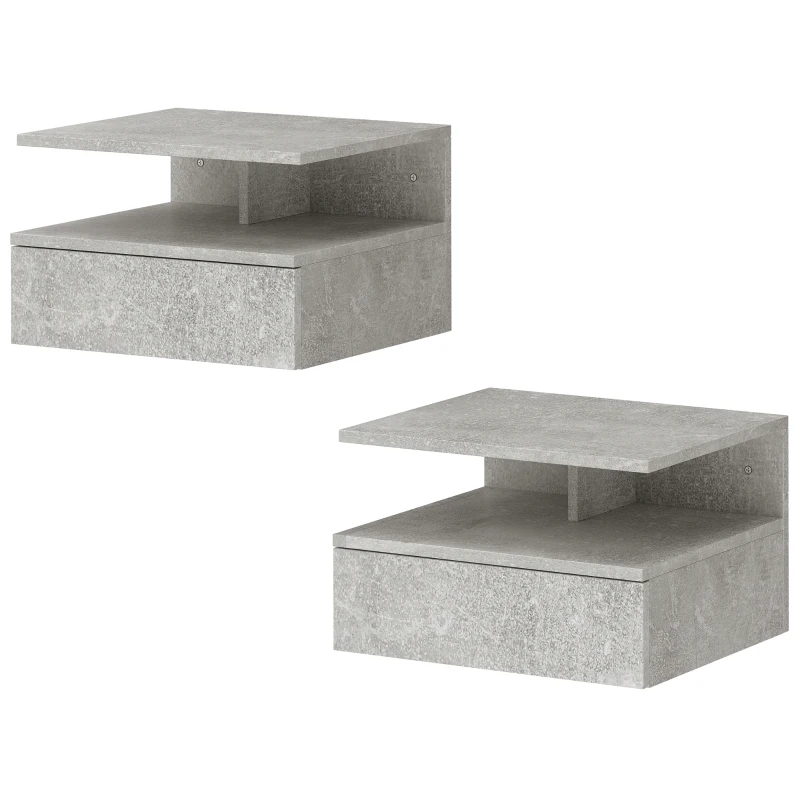 HOMCOM Juego de 2 Mesitas de Noche Flotantes con Cajón Montado en la Pared 35x32x22,5 cm Gris Cemento