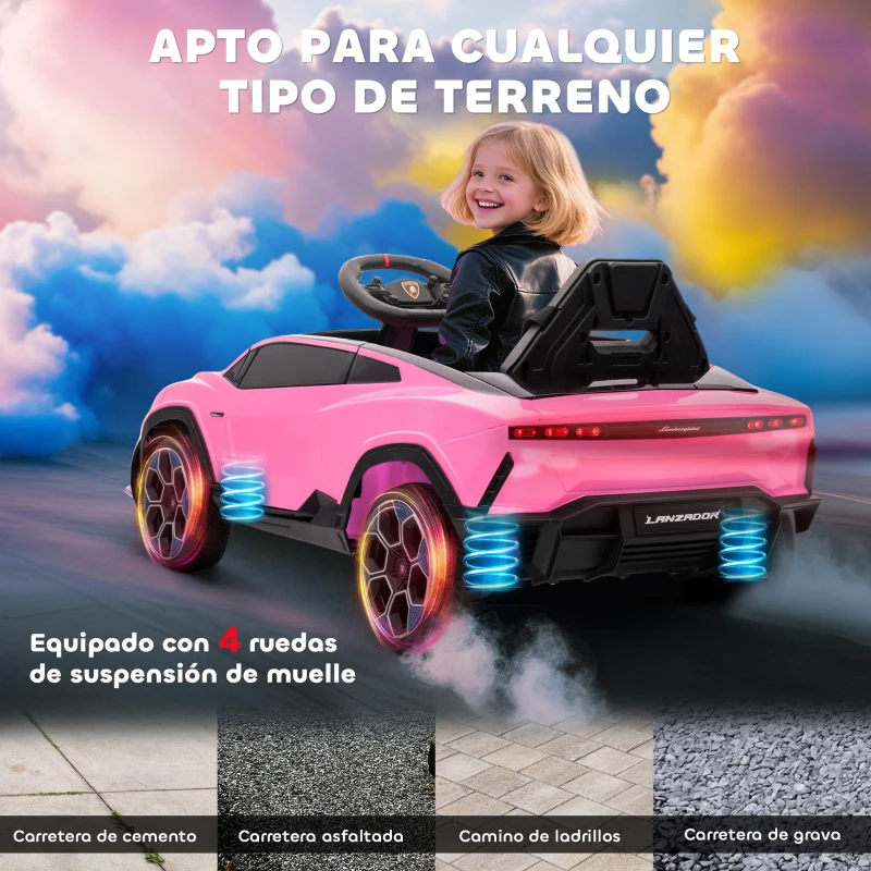 AIYAPLAY Coche Eléctrico para Niños de +3 Años con licencia Lamborghini Batería 12V Mando a Distancia 2,4 G Motor Doble Rosa