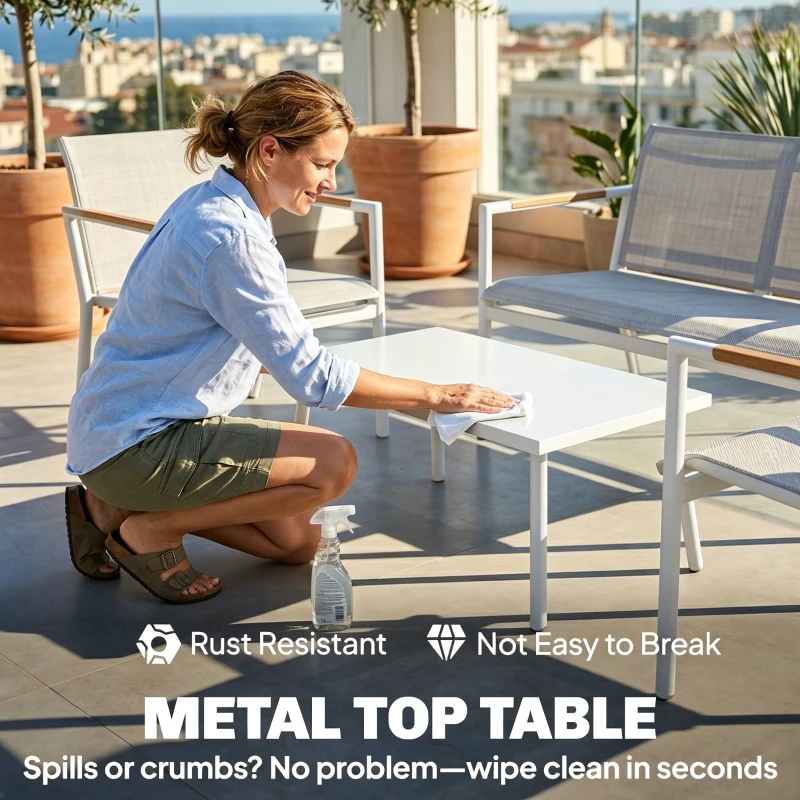 Outsunny Tuinmeubelset Zitgroep voor 4 Personen Ademend Tuinlounge met 2-zitsbank 2 Fauteuils Metalen Tafel Voetbeschermers