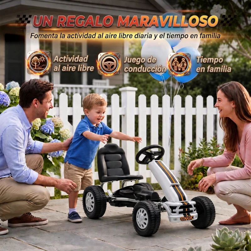 AIYAPLAY Go Kart para Niños de +3 Años con Asiento Ajustable Volante Freno Manual Marco de Aluminio y Acero Carga 30 kg Blanco