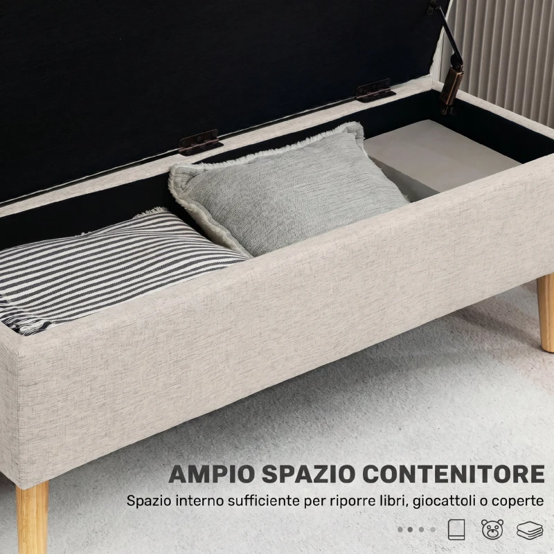 HOMCOM Cassapanca Contenitore 110x39x45 cm in Tessuto Effetto Lino, Gambe in Legno di Caucciù, Capacità 220 kg, Beige
