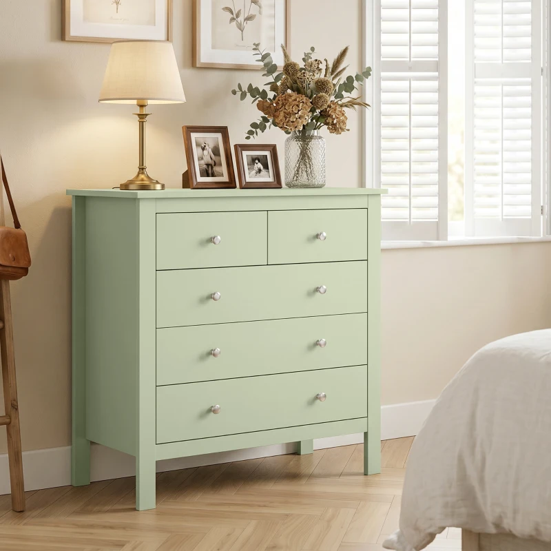 HOMCOM 5 Drawer Chest of Drawers, Modern Dresser for Bedroom, Bedside Storage Cabinet, Wide Storage Unit with Glide Runners for Living Room, Hallway, Closet, 79 x 39.5 x 80.5 cm, Sage Green