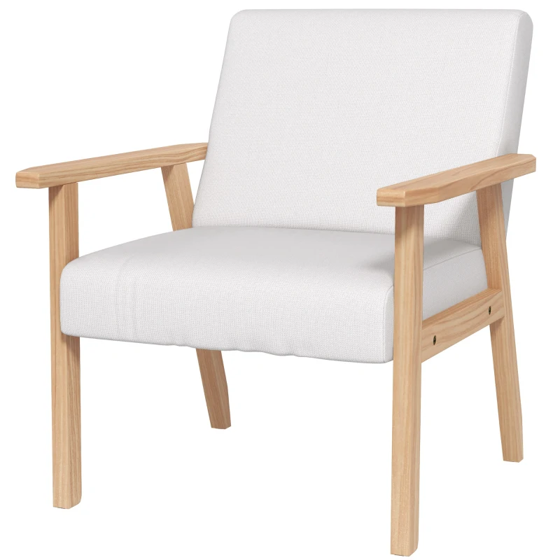 HOMCOM Modern Armchair, Linen Upholstered Accent Chair with Solid Wood Legs and Wide Seat, Padding Lounge Chair for Living Room Bedroom Office, Cream White