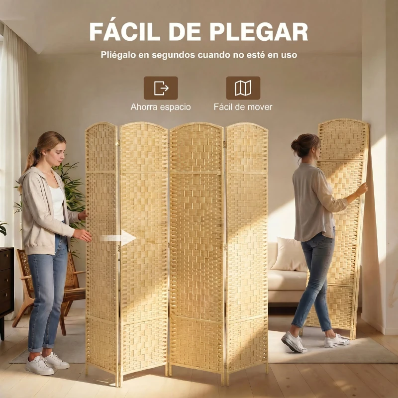 HOMCOM Separador de Ambientes de 4 Paneles Biombo Plegable 180x180 cm Pantalla de Privacidad de Polipropileno Natural