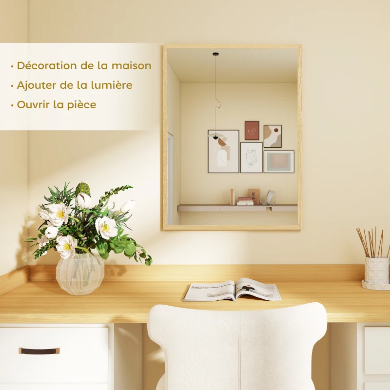 HOMCOM Miroir mural rectangulaire 80 x 60 cm, cadre en bois naturel, idéal pour la salle de bain, salon ou chambre