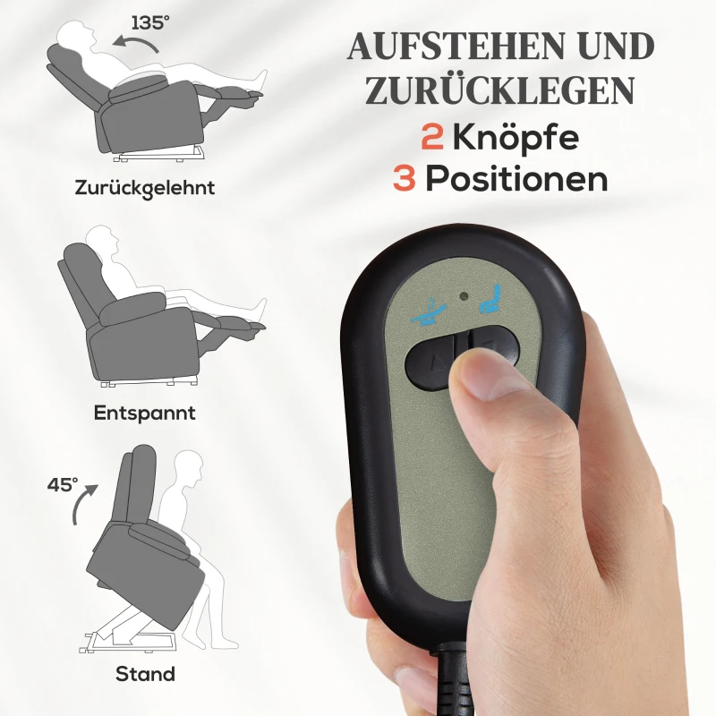 HOMCOM Elektrische Relaxfauteuil met opsta-hulp – Ligstoel met verwarmings- en massagefunctie, afstandsbediening, bekerhouder, zijvak, USB, pocketvering, fluweel, donkergrijs
