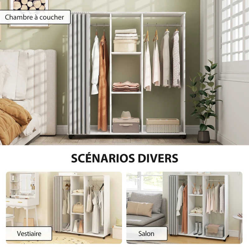 HOMCOM Armoire penderie Meuble de Rangement Mobile 6 roulettes 120L x 40l x 128H cm en bois blanc