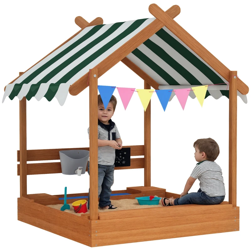 Outsunny Zandbak met zonbescherming, speelhuisdesign, met speelgoedset, behandeld massief hout, 124 x 116 x 146 cm, groen