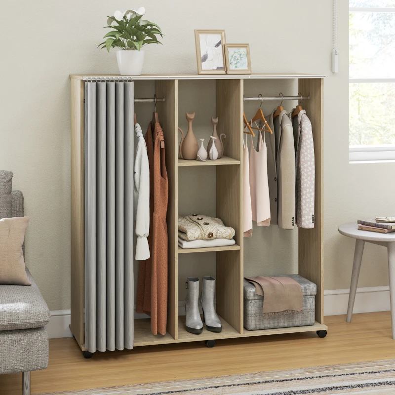 HOMCOM Armoire penderie Meuble de Rangement Mobile 6 roulettes 120L x 40l x 128H cm en bois naturel