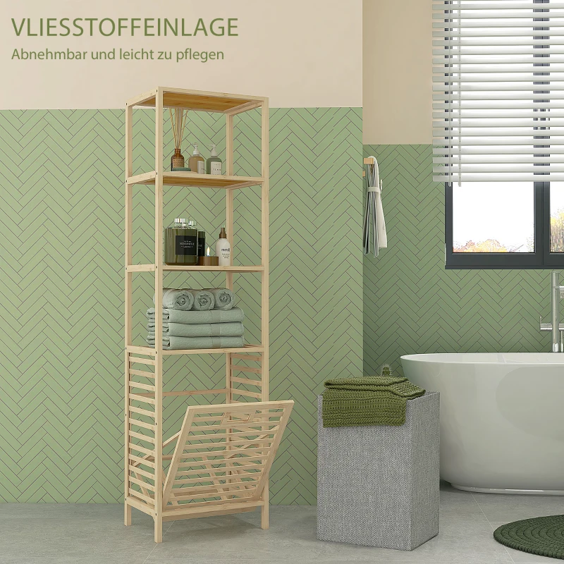 HOMCOM Badkamerrek met Wasmand, 3 Planken, Bamboe Frame, 44x33x160cm, Natuur