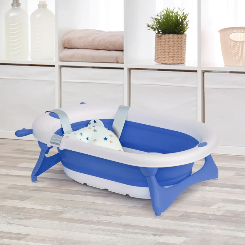 HOMCOM Bañera Plegable para Bebé Recién Nacido hasta 3 Años 81,5x50,5x23,5 cm con Tapón Termosensible Cojín Azul