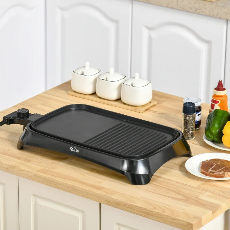 HOMCOM Plancha de Asar Eléctrica Cocina 1600W Aluminio con Temperatura Regulable Superficie de 40,6x25,2 cm Revestimiento Antiadherente y Bandeja de Goteo 53,5x31x8 cm Negro