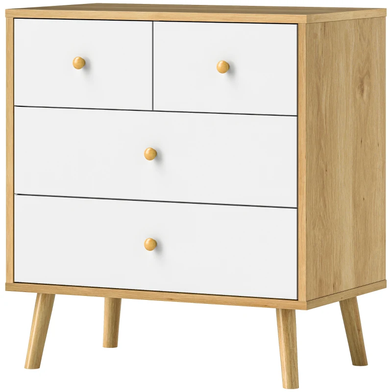 HOMCOM Cómoda de 4 Cajones con Acabado Elegante y Gran Capacidad de Almacenaje 60x35x65 cm Roble y Blanco