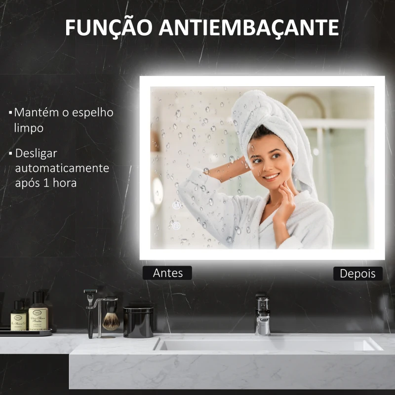 kleankin Espelho Casa de Banho com Luzes LED 80x60 cm Função Antiembaciamento 3 Cores Função de Memória e Interruptor Tátil Prata