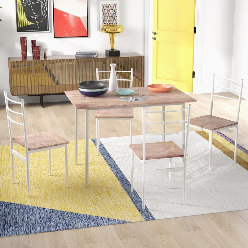HOMCOM Conjunto de Refeição 5 Peças Conjunto de Mesa e 4 Cadeiras para 4 Pessoas com Estrutura de Aço 110x70x75 cm Madeira e Branco
