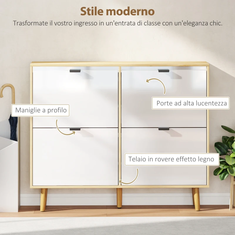 HOMCOM Scarpiera Slim Moderna con 4 Cassetti Ribaltabili per 20 Paia di Scarpe, 105x24x92.5 cm, Bianco