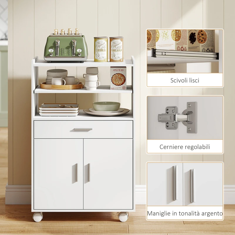 HOMCOM Mobile Microonde in Legno con Cassetto, Armadietto a 2 Ante e 2 Ripiani, 59x40x92 cm, Bianco