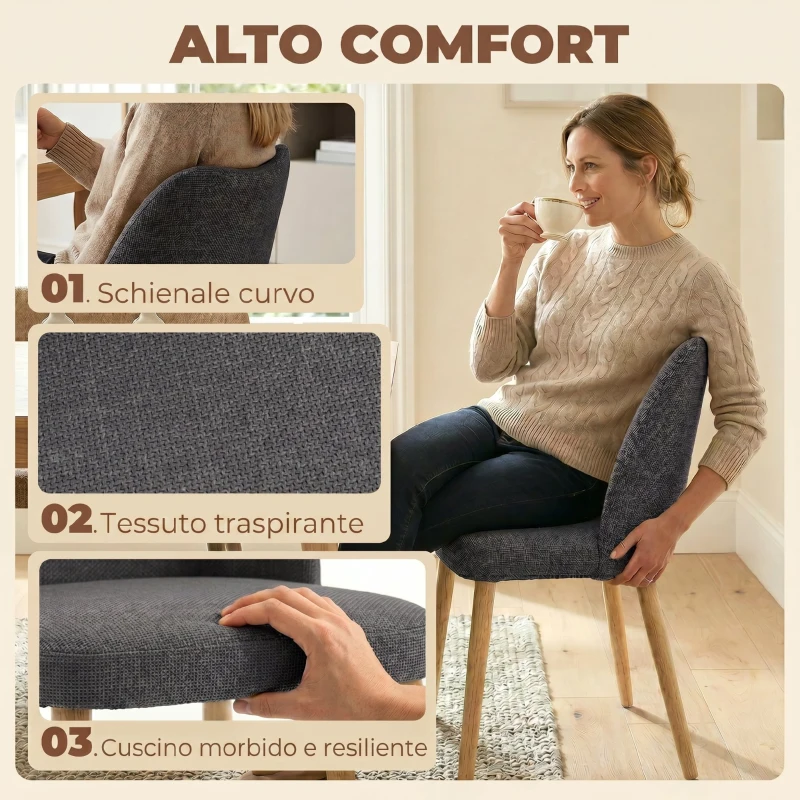HOMCOM Set di 2 Sedie Pranzo Imbottite con Gambe Legno Hevea, Tessuto Grigio Chiaro