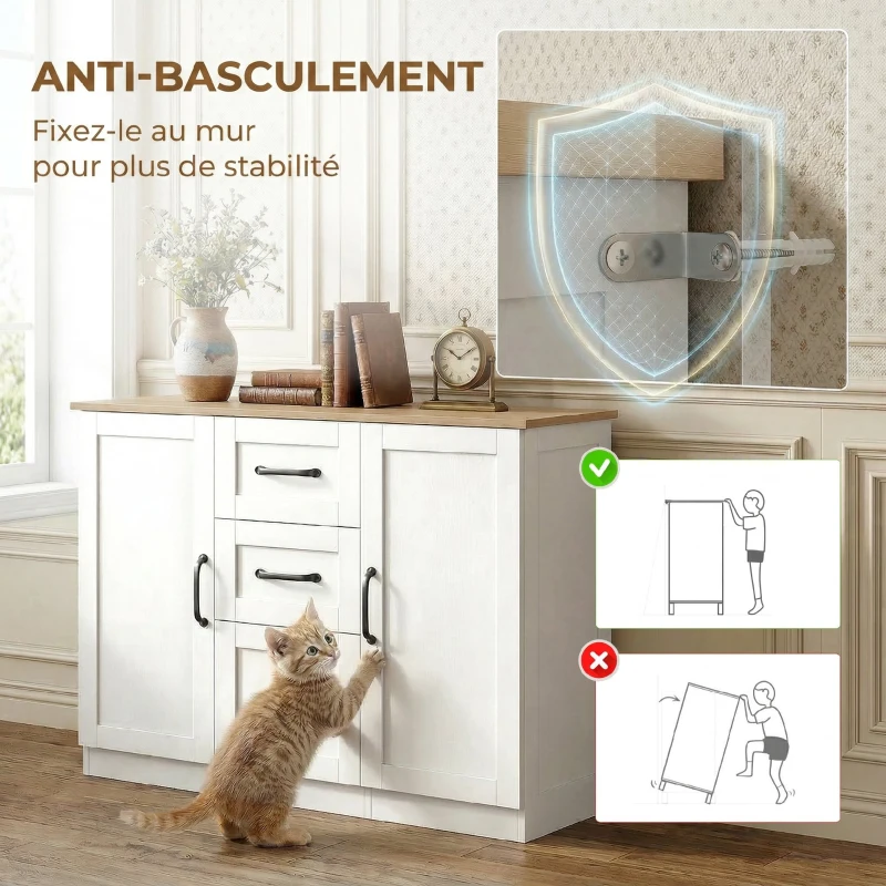 HOMCOM Buffet salon, meuble de rangement avec 2 portes à fermeture douce et 3 tiroirs, 110x35x80,4cm, blanc et bois naturel