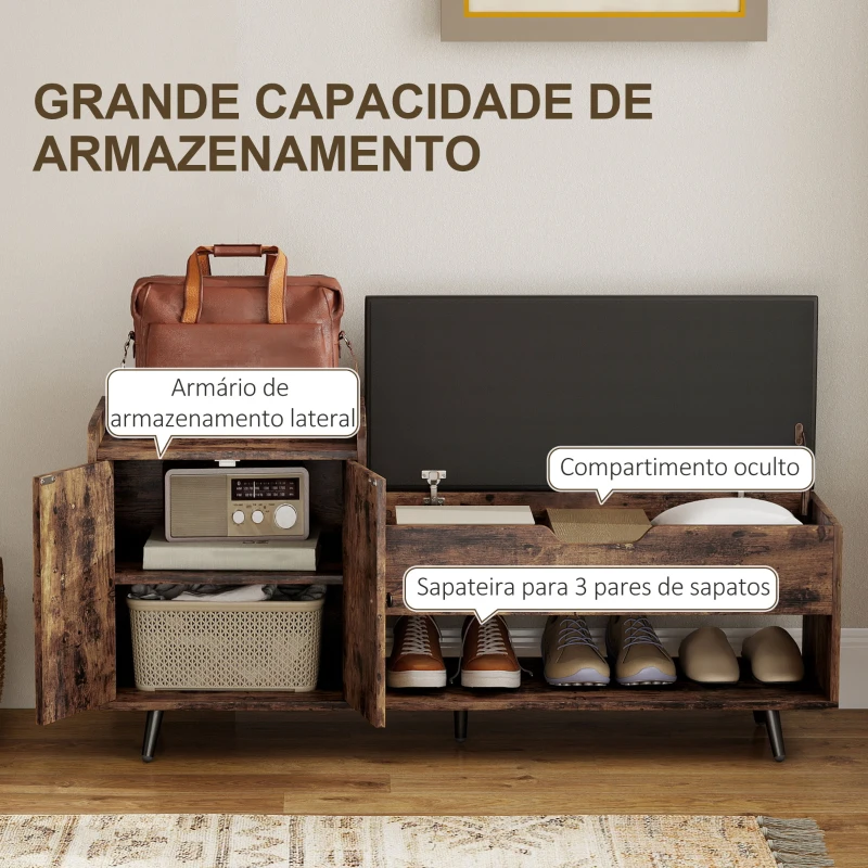 HOMCOM Banco Sapateira com Assento Acolchoado Compartimento Oculto para 3 Pares de Sapatos 127x35x59 cm Castanho Rústico