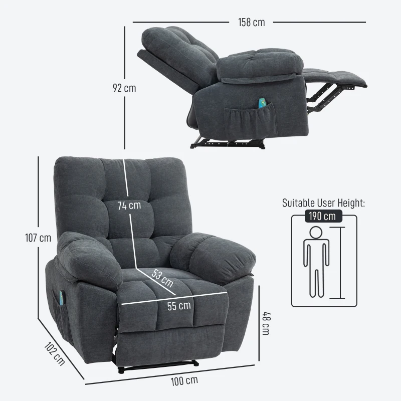 HOMCOM Recliner-Sessel, Massage-Polstersessel mit 8 Vibrationspunkten, verstellbare Fußstütze, Seitentasche, Lehnsessel, Grau(m-3)