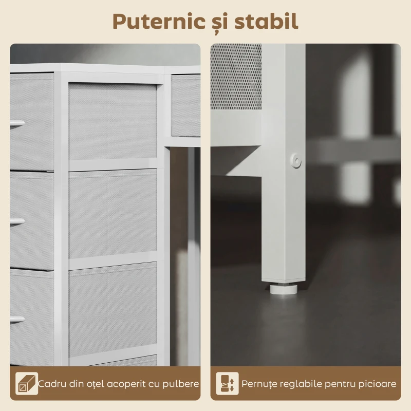 HOMCOM Birou Unghiular cu 6 Sertare cu Cârlig Lateral și Prize Integrate, din Lemn și Oțel, 126x48x80 cm, Alb