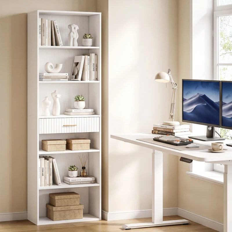 HOMCOM Bibliotecă verticală înaltă cu 7 polițe, 6 cuburi și sertar din lemn, 60x24x182 cm, Alb