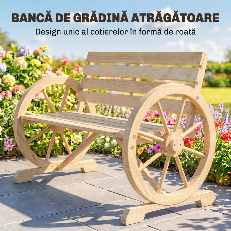Outsunny Bancă de Grădină cu 2 Locuri, din Lamele cu Mânere în Formă de Roată de Căruță, din Lemn, 105,5x56x79 cm, Culoare Lemn