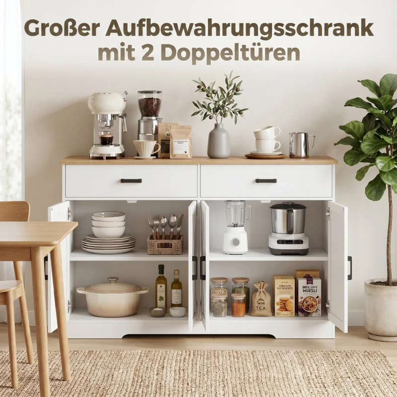 HOMCOM Sideboard Buffet Schrank, 140 cm Farmhaus Küchen-Schrank mit 2 Schubladen und 2 Schränken, Weiß