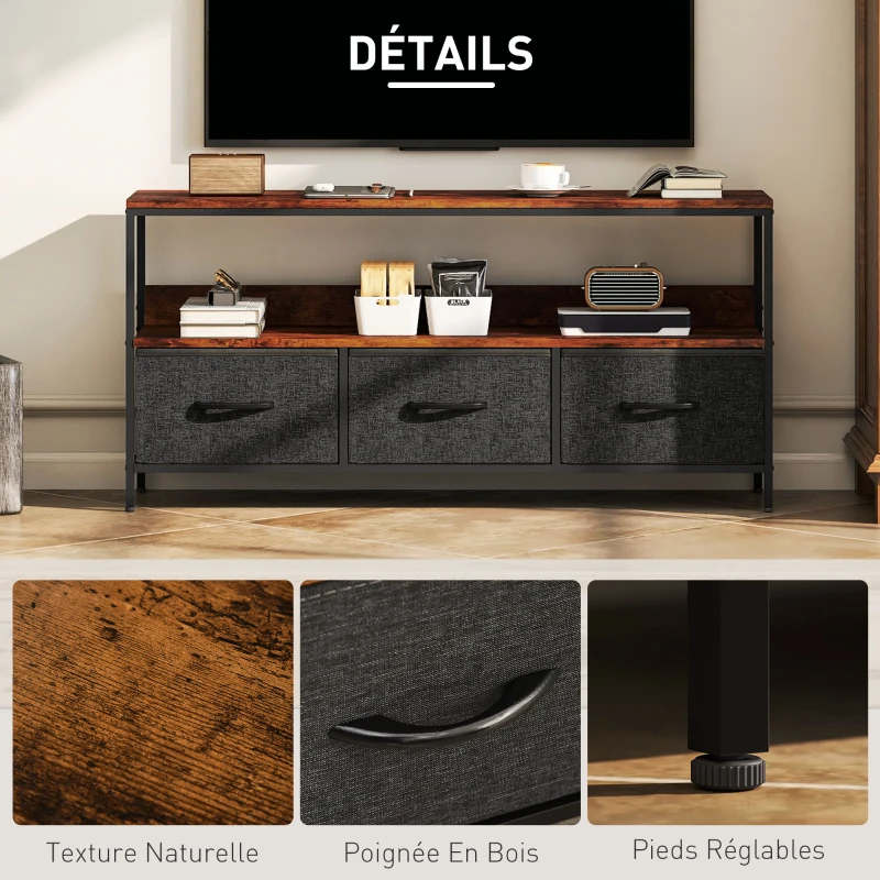 HOMCOM Meuble TV, meuble télé pour téléviseur jusqu'à 55 pouces avec 3 tiroirs et pieds en acier 120 x 29 x 56 cm brun rustique