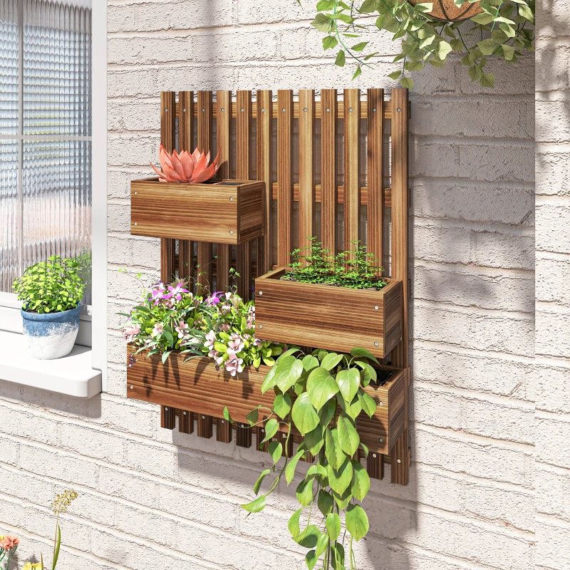 Outsunny Wall-mounted Wooden Garden Planters with Trellis, Drainage Holes and 3 Planter Boxes for Patio, Carbonised