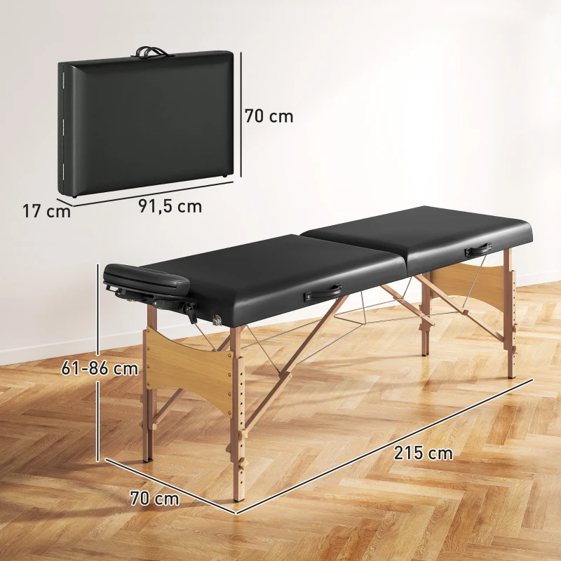 HOMCOM Höhenverstellbarer Massagetisch, Holzgestell, Klappbares Massagebett, Schaumstoffpolsterung, Schwarz