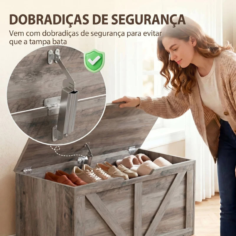 HOMCOM Baú de Arrumação 100 L com Dobradiça de Segurança e Recorte em U para Entrada e Sala 80x40x45 cm Cinzento