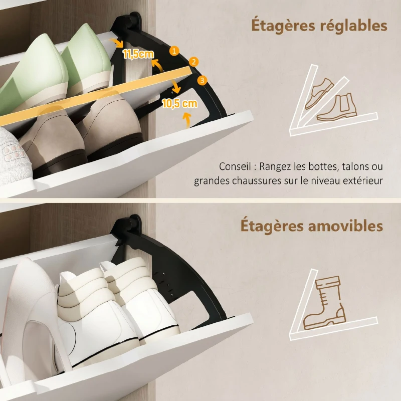 HOMCOM Meuble à chaussures 12 paires, armoire à chaussures étroite, 3 tiroirs rabattables, chêneet blanc