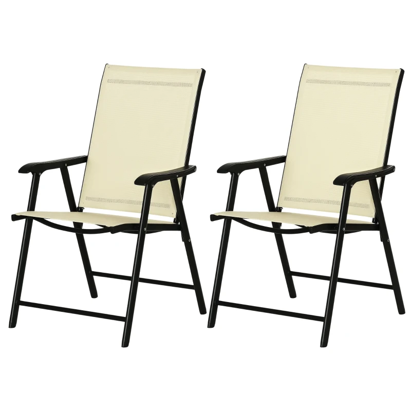 Outsunny Set of 2 Folding Garden Chairs - Metal Frame Outdoor Patio Park Dining Seats with Breathable Mesh Seat, Beige