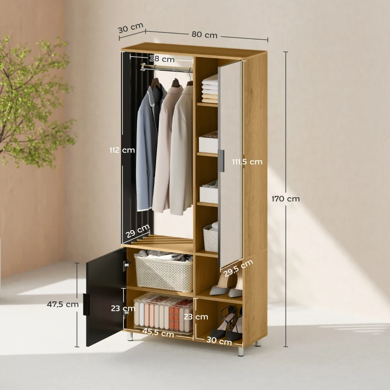 HOMCOM Roupeiro com Espelho e Porta Barra para Pendurar 2 Compartimentos Abertos Estilo Moderno 80x30x170 cm Madeira e Preto