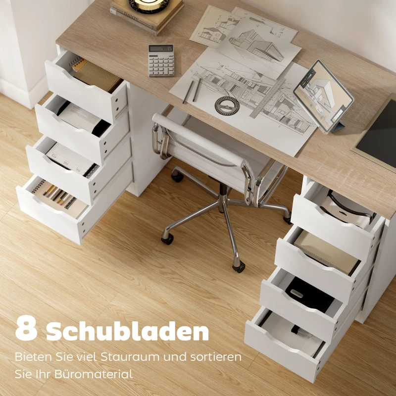 HOMCOM 140 cm Computertisch, 8 Schubladen, Schreibtisch für Homeoffice, Schlafzimmer, Stahl, Holz, Natur
