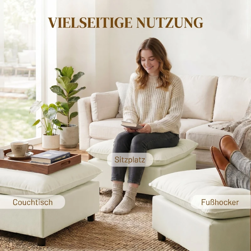 HOMCOM Fußhocker moderner Stoff-Ottomane mit Kunststoffbeinen für Wohnzimmer und Schlafzimmer, 75 cm, Cremeweiß