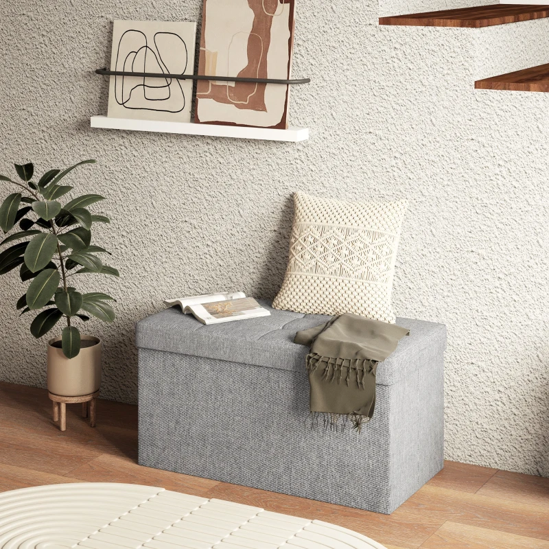 HOMCOM Baú de Arrumação 84L Puff de Arrumação Dobrável Estofado em Linho Sintético com Tampa 76x38x38 cm Cinzento Claro