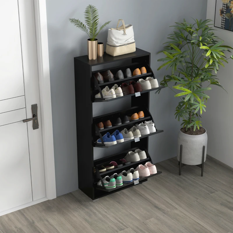 HOMCOM Meuble à Chaussures Armoire à chaussures 3 Portes abattantes 3 Compartiments en bois 60L x 26I x 124H cm Noir