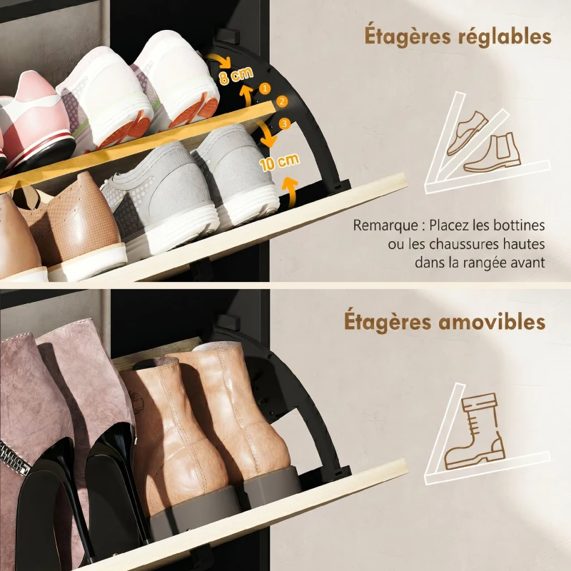 HOMCOM Meuble à chaussures 15 paires, armoire à chaussures moderne avec 2 tiroirs rabattables, 83x24x90,5cm, noir