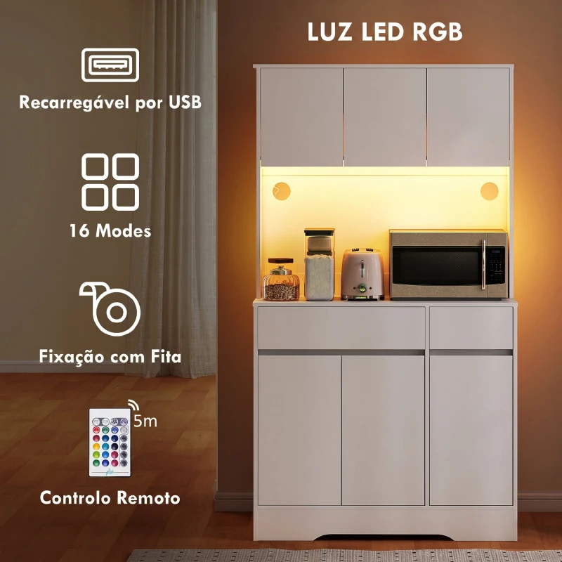 HOMCOM Armário de Cozinha com Luz LED RGB, Bancada para Micro-ondas, 6 Portas, 2 Gavetas, Prateleiras Ajustáveis e Comando à Distância, Branco
