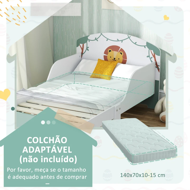 AIYAPLAY Cama Infantil para Crianças +3 Anos 70x140 cm em Madeira com Armazenamento e Desenho de Leão para Quarto Verde