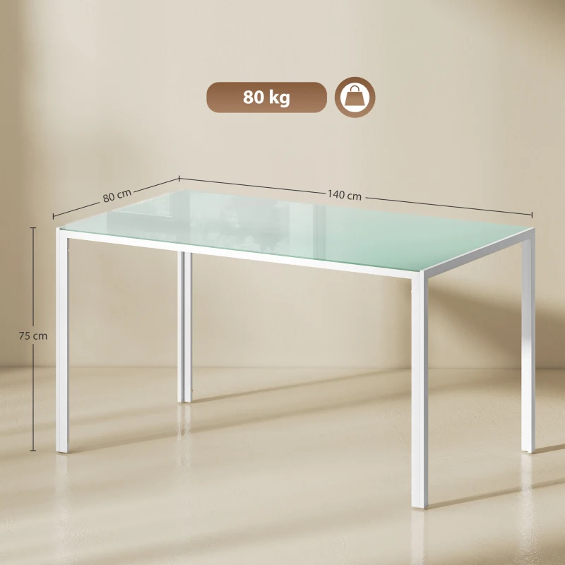 HOMCOM Mesa de Refeição de Vidro Mesa Retangular para 6 Pessoas com Pés de Metal  140x80x75 cm Branco