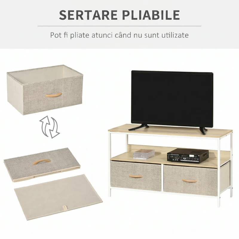 HOMCOM Dulap TV de 47" cu Sertare Pliabile din Material Textil și Raft din Metal și MDF, 98x29x56cm, Culoare Lemn