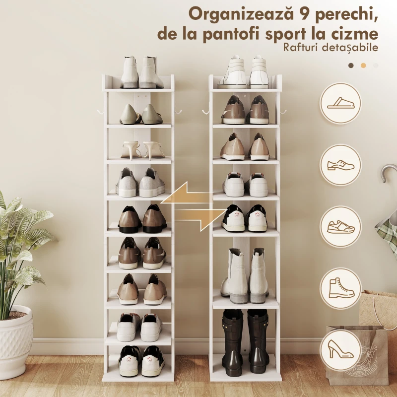 HOMCOM Suport pentru Pantofi cu 9 Rafturi și 2 Cârlige, 30x30x128,4 cm, Alb