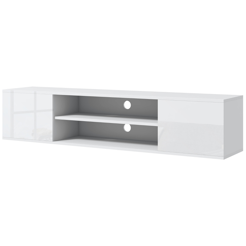HOMCOM Meuble banc TV mural suspendu style contemporain 2 placards 2 niches centrales et 2 passe-câbles 140 x 30 x 30 cm blanc