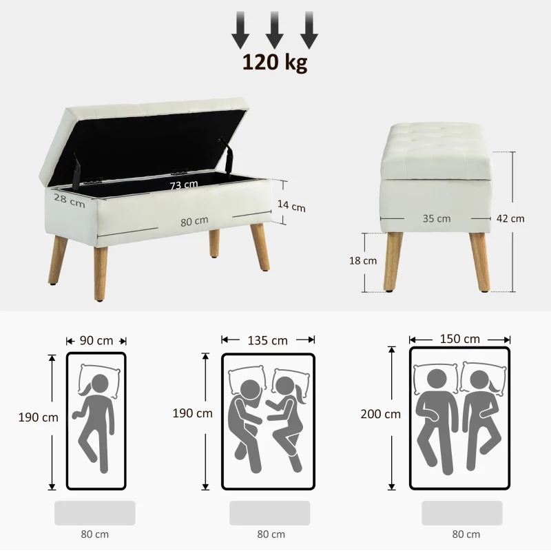 HOMCOM Banc de rangement coffre de rangement tissu effet velours pieds en bois charge max. 120 kg 80 x 35 x 42 cm, crème